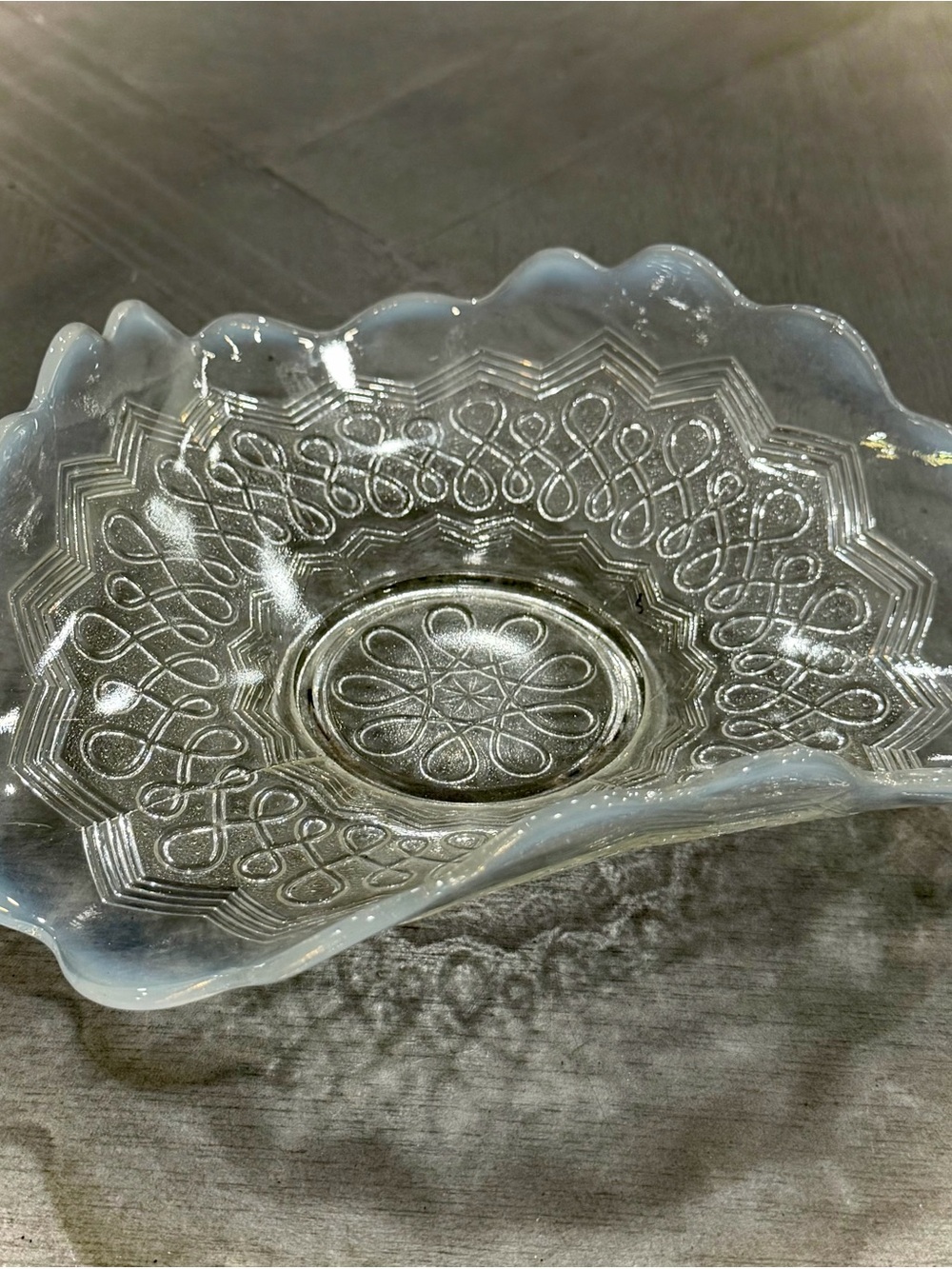 EAPG 1907 Jefferson Glass White Opalescent “Many Loops” Triangle CandyBowl Dish